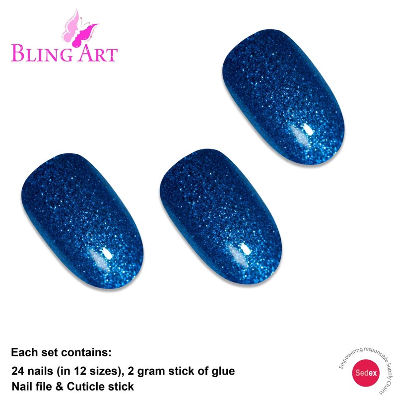 Bling Art Oval False Nails Fake Acrylic Gel Blue Full