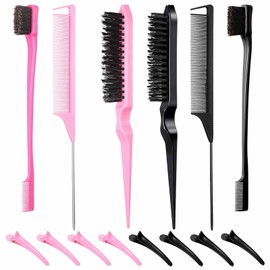 SNONESIY Sleek Bun Brush, Sleek Brush, Toupee Brush, Sleek Braid Brush, Comes with 8 Pieces (Rose Red + Black) Duckbill Clips, Suitable for Women and Girls (Black + Pink)