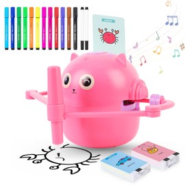 DANLIKT Drawing Robot for Children, Interactive Educational Drawing Robot with 100 Drawing Cards & 12 Watercolour Pencils for Boys Girls (Pink)