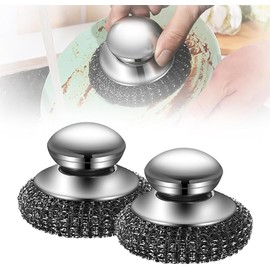 Walquicks Cepillo Acero Inoxidable, Almohadillas de Lana de Acero Metálico Desmontables para Limpiar Platos, Estropajo de Acero Inoxidable con Mango, para Limpiar Platos, Sartenes (2pcs)