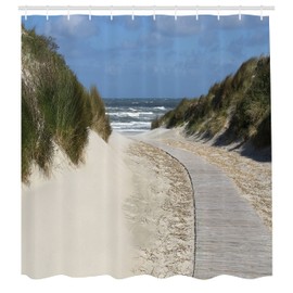 Ambesonne Playa Cortina de Baño, Tema de Viaje Vista de la Costa, Paño Conjunto de Decoración de Baño de Tela y Ganchos, 70" Alto, Verde Azul Tostado