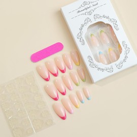 ANDGING Neon Almond Press on Nails Short Iridescent Fake Nails with Glue Fantasy Acrylic Glue on Nails with Designs Aesthetic Gel Manicure False Nail for Women Stick ons Nails for Girls Wedding HDLL8