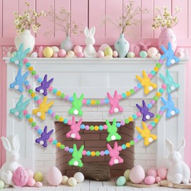 CrystalSylara 3 Pcs Pastel Easter Bunny Felt Garland 19.68 ft Colorful 3D Bunny Felt Banner Cute Rabbit Pom Ball Banner Pastel Pompom Ball Garland Decorations for Easter Spring Mantel Fireplace Decor