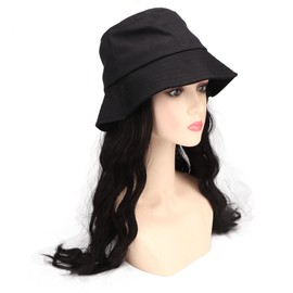 Women Wavy Wig Detachable Hat Middle Length Black Brown Curly Artificial Silk for Daily Party Use