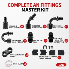 BRIFITOR 6AN Push Lock Fitting Kits, 0 45 90 180 Degree Fittings with AN6 Male to Male Coupler & 6AN Male Flare to 1/4" NPT fittings & AN Wrench Protector for NBR Rubber Push Lock Hose