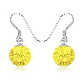 10MM Disco Ball Sterling Silver Dangly Drop Hook Earrings - YELLOW CITRINE