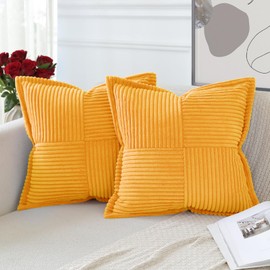 Artscope Set of 2 Corduroy Cushion Covers, Velvet Cushion, Soft Decorative Cushion Cover, Modern Cushion Cover, Wrapped Edge, Sofa Cushion for Living Room, Bedroom, Golden Yellow, 45 x 45 cm
