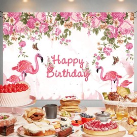 Flamingo Flower Happy Birthday Backdrop Decorations Summer Hawaiian Birthday Party Background Flamingo Birthday Party Decoration Supplies