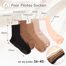 Kaempe 6 Pairs Pilates Socks, Stopper Socks Women 36-40, Yoga Non-Slip Socks Women's 36-40 Grip Crew Socks Non-Slip Socks for Yoga, Fitness, Ballet