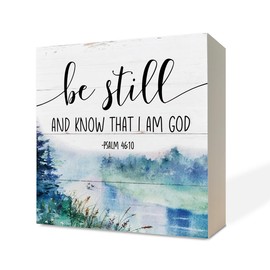 Christian Wood Signs, Bible Verse Psalm 46:10 - Be Still and Know That I Am God, Box Sign Decor Tabletop, Religious Wood Plaque, Shelf Table Decoration, Farmhouse Decor, Christian Home Office Décor