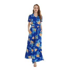Matchable Couple Hawaiian Luau Wide Legged with Pockets Jumpsuit in Hibiscus Blue, Women, XL