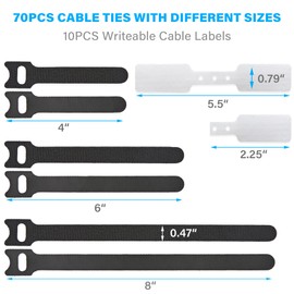 70 PCS Reusable Cable Ties with Hook and Loop, Multi-purpose Adjustable Cable Management Wire Ties & 10 PCS Cable Labels, Cord Organizer for Home, Office and Data Centers (4/6/8 Inch, Black+White)