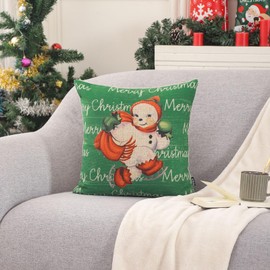 TRENDIN Snowman Christmas Pillow Cover 18x18, Linen Winter Decorative Pillow Cover for Couch Bed Sofa Living Room, Holiday Throw Pillow Case, Farmhouse Christmas Decorations Indoor Green PL1206TR