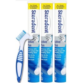 Blue Active Plus Denture Cleaning Tablets 3 Pack with Denture Brush | 90 Tablets (3 x 30) for 3 Month Supply | Daily Denture Cleaning Set for False Teeth, Retainers, Mouth Guards & Oral Appliances