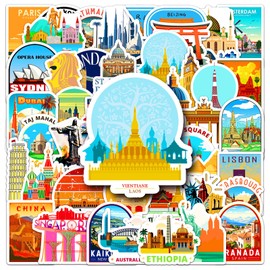 50Pcs World Travel Stickers Pack, Vacation Sticker Famous City Landmark Waterproof Vinyl Travel Luggage Stickers for Suitcases Water Bottle Laptop Car Bike Scrapbookin