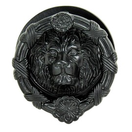 Ebros Gift Hand Forged Cast Iron Black Royal Venetian Lion Head Decorative Door Knocker with Striking Plate Figurine Animal Themed Accent