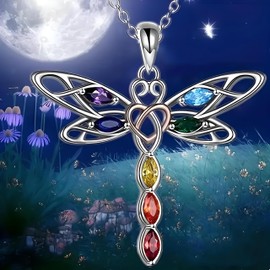 Sterling Silver Dragonfly Pendant Necklace, Multi-Color Crystal Wings, Celtic Heart Design - Dragonfly Gift, Adjustable, Stainless Steel, Cubic Zirconia