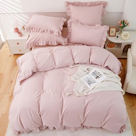 TOCOMOA Ruffle Bed Linen 135 x 200 cm, Girls' Bed Linen Pink, Aesthetic Bedding Sets, Soft Microfibre Duvet Cover, Oeko-Tex Certified with Zip, Pillowcase 80 x 80 cm