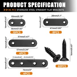 mankk 86PCS Black Straight Flat Metal Bracket Mending Plates Stainless Steel Flat Brace Brackets Fixed Connecting Plate for Wood Repair Fixing