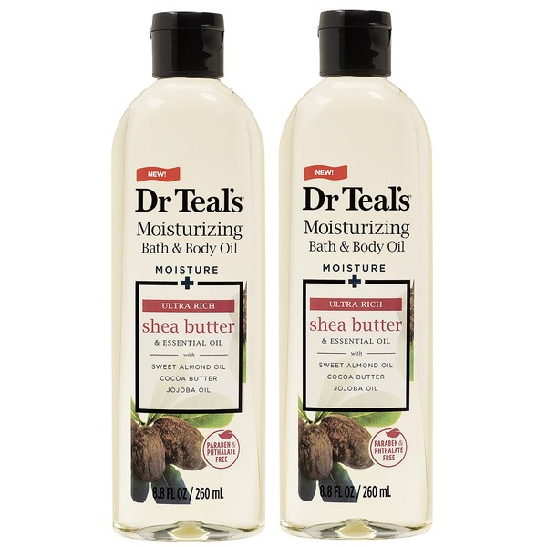 Dr Teal's Moisturizing Bath & Body Oil 2-Pack (17.6 Fl Oz Total) Moisture + Ultra Rich Shea Butter & Essential Oil. Treat your skin, your senses, and your stress.