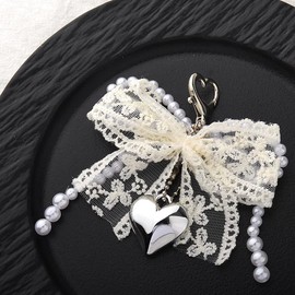 Lace Bow Pearl Heart Keyring Bag Accessories Charm Bow Bag Charms for Womens Handbags Pearl Bow Key Chain for Bag Car Keys Lace Charms Keychain Accessories Y2k Key Handbag Charms for Women Bags
