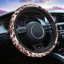 Swono Cow Skin Steering Wheel Cover for Men Women Animal Fur Horse Or Cattle Brown Spots Universal 15 Inch Auto Neoprene Case Anti-Slip Car Wheel Protector