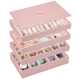 Voova Stackable Jewelry Organizer Tray with Lid, PU Leather Jewelry Storage Holder for Drawer Inserts, Jewellery Display Box Case for Earring Necklace Ring Watch Bracelet (Set of 4, Rose Gold)