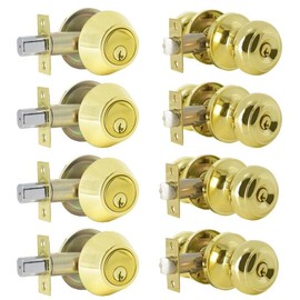 Probrico Entrance Door Knob Front Door Knob and Deadbolt Set, Keyed Alike Door Knobs with Single Cylinder Deadbolts with Same Keys, Polished Brass, 4 Pack