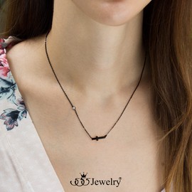 555Jewelry Side Cross Necklace Polished Stainless Steel Women Small Cross Necklace for Women Horizontal Cross Necklace Black 18" Chain, Metal, Cubic Zirconia