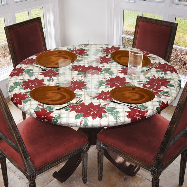 Covers For The Home Deluxe Elastic Edged Flannel Backed Vinyl Fitted Table Cover - Christmas Flower Pattern - Large Round - Fits Tables up to 45" - 56" Diameter