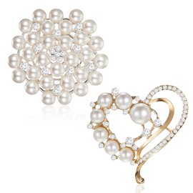 Aikeis Pack of 2 Women's Brooch Heart Brooch Clip Imitation Crystal Pearl Flower Brooch with Rhinestone Bridal Clip for Women (White), XL, Copper, No Stone, Copper, without stone