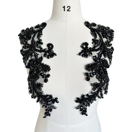Handmade Shining Rhinestones lace Applique Patches Sewing Beads Sequins Stone Trim Accessories for Wedding Dress one Pair/Bag (Black)