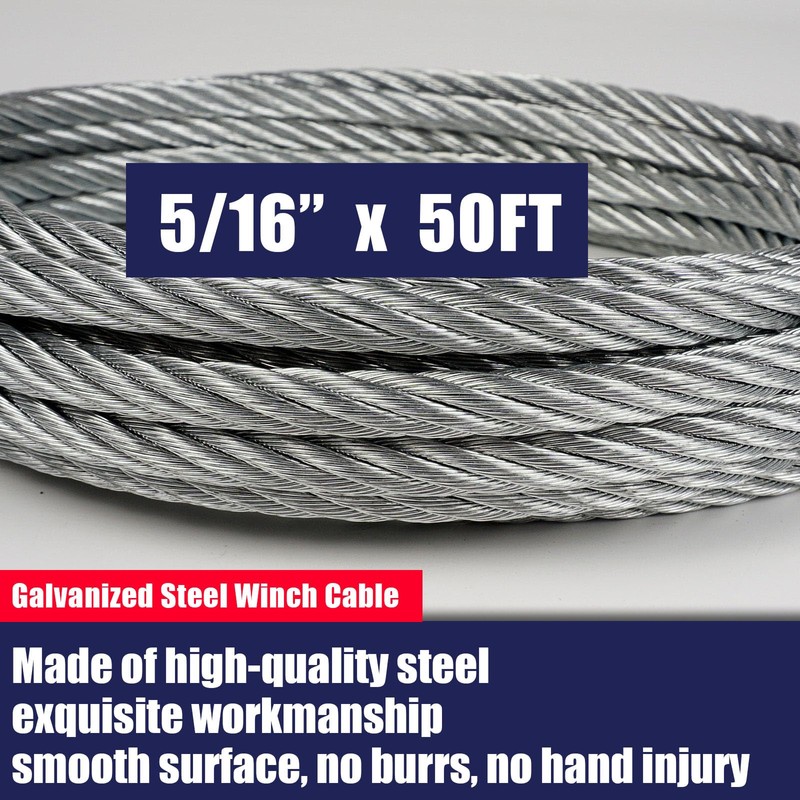 JEXTRA Galvanized Steel Winch Cable, 5/16” x 50ft Wire Rope