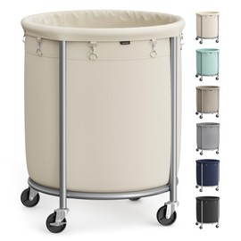 SONGMICS 50.2-Gallon (190 L) Laundry Basket with Wheels, Rolling Round Heavy-Duty Laundry Hamper Cart with Steel Frame and Removable Bag, 2 Locking Wheels, Cream White and Metallic Silver URLS01MZ