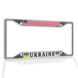 Fastasticdeals Metal Insert License Plate Frame USA and Ukraine Flag Weatherproof Car Accessories Chrome 4 Holes Solid Insert
