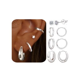 JEMERA Silver Hoop Earrings for Women 925 Sterling Silver Huggie Hoops Dainty Cubic Zircon Stud Earrings Hypoallergenic Chunky Hoops 4 Pairs Silver Earrings Set