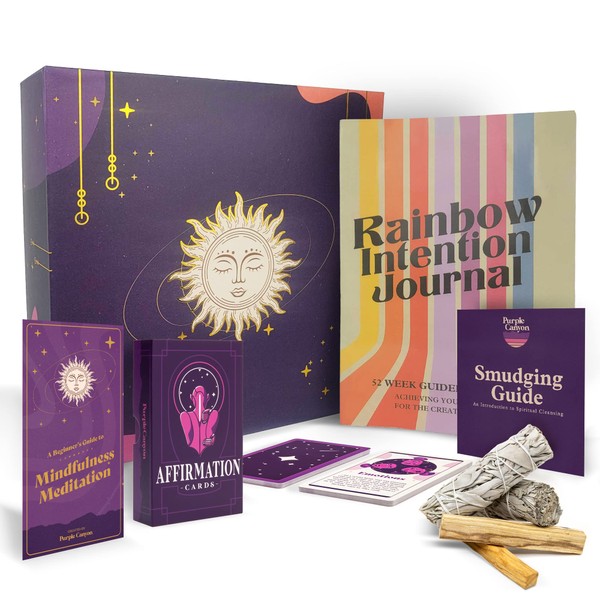 Purple Canyon Meditation Starter Kit | Sage Smudge Kit Includes Manifestation Journal, Affirmation Cards, Sage, and Palo Santo | A Guide to Meditation for Beginners