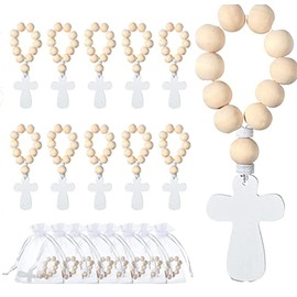 10 Pieces Wooden Catholic Rosary Beads Set with Crucifix Pendant Comes with White Mesh Bags - Bulk Wooden Rosary for Baptism First Communion Confirmation Baby Shower Bridal Shower - Unisex