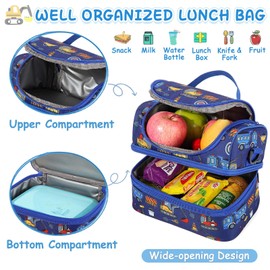 Kasgo Lunch Bag for Kids, Cute Insulated Lunch Box Bag for Boys and Girls Dual Compartments Cooler Bag with Detachable Adjustable Shoulder Strap, Blue Cars