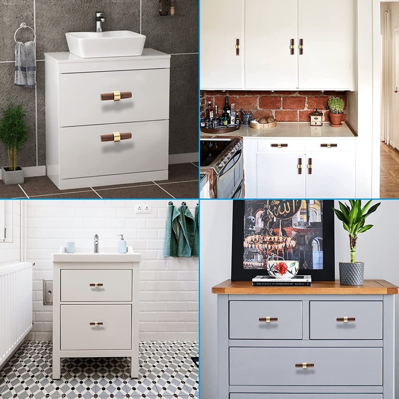 SYZOW 6 Pack Walnut Cabinet Pulls Brushed Brass Drawer Handles,Gold