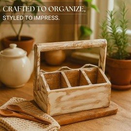 ixxora Handcrafted Mango Wood Cutlery Holder with Handle, White Distressed Finish Utensil Organizer for Kitchen, Dining Table, Farmhouse Decor, Picnics & Countertop Storage Caddy