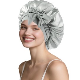 Flomiara Silk Bonnet for Sleeping Curly Hair, Adjustable Sleep Caps Skin Care, Cleaning, Makeup for Women Girl, Soft Easy to Use Satin Bonnets, Hair Bonnet with Tie Band for All Hair Types, Grey