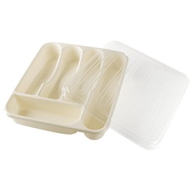 Plasvale Silverware Organizer with Lid, 5-Compartment Cutlery Tray for Kitchen, Trailer RV, Picnic – Safe for Dishwasher, BPA-Free Plastic Utensil Holder – Color: Sand