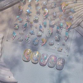 Ocean Nail Stickers Laser Marine Animal Dolphin Nail Designs 5D Embossed Sea Horse Shell Nail Decals 3D Self-Adhesive Aurora Summer Nail Art Decoration for Women DIY Manicure 1 Sheet