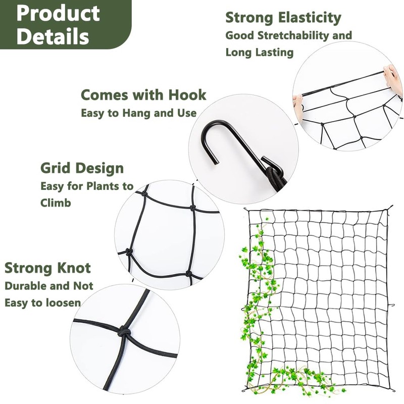 TOMVAES Grow Net, Trellis Netting, Elastic, Black, Square, Plant Support,