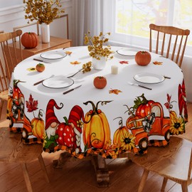 Fall Tablecloth 70x70 Inch Round, Buffalo Plaid Harvest Orange Truck Gnome Pumpkin Table Cloth Seasonal Autumn Thanksgiving Party Decor Waterproof Scalloped Edge Table Cover