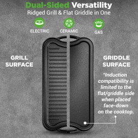 NutriChef Reversible Cast Iron Griddle – Flat & Grill Sides, Extra-Wide, Oven Safe, PFOA & PFOS Free, Compatible with Multiple Stovetops