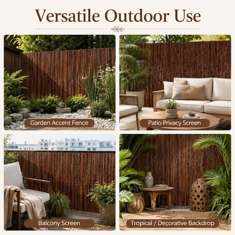 Carbonized Bamboo Fence 4ft x 8ft, Natural Outdoor Privacy Screen
