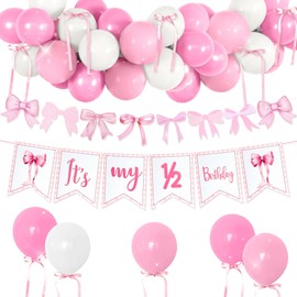 LaVenty Pink Bow Half Birthday Deocoration Pink 1/2 Birthday Supplies Coquette Half Decoration Coquette Bows Party Banner Balloons
