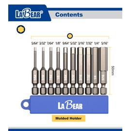 LABEAR - 10pc SAE 2 inch long, 1/4" Shank Hex Head Allen Wrench Screwdriver Bit Set, S2 Steel, 5/64", 3/32", 7/64", 1/8", 9/64", 5/32", 3/16", 7/32", 1/4", 5/16"